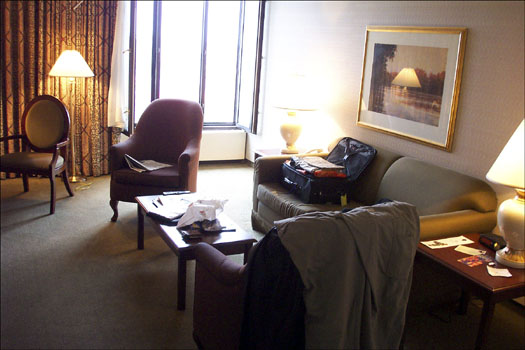 A view of the living room in our suite at the Wyndham Montreal.