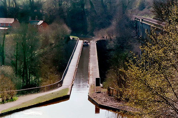Narrowboat. View of Chirk Aqueduct on axis. 