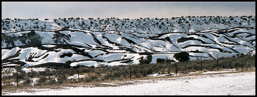 Morning outside of Albuquerque on the road to Chaco Canyon.  Paula liked the pattern of the snow over the lava bed.