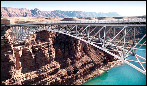 This bridge crosses the Colorado River at Marble Canyon, north-east of the Grand Canyon and down river from the Glen Canyon Dam
