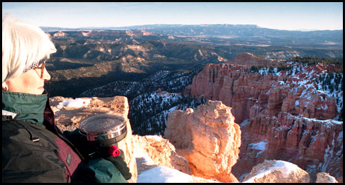 Inspiration Point, Bryce Canyon National Park.  Paula is holding our little Coleman SportCat catalytic heater