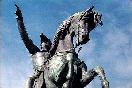 This statue of San Martin stands atop a large monument called El Liberatador in Plaza San Martin, Buenos Aires