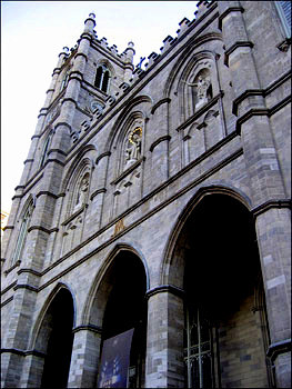 The facade of the Basilique Notre Dame, Vieux Montreal. 