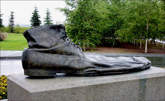 Another view of the clown shoe sculpture at the entrance to Cirque du Soleil headquarters.